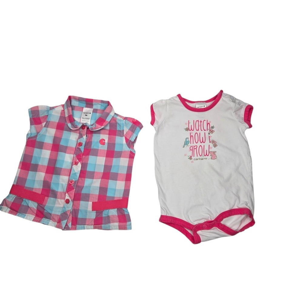Carhartt Baby Girl Lot Size 6M Plaid Tunic Top & Watch How I Grow Bodysuit Pink